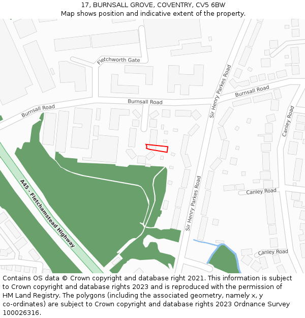 17, BURNSALL GROVE, COVENTRY, CV5 6BW: Location map and indicative extent of plot