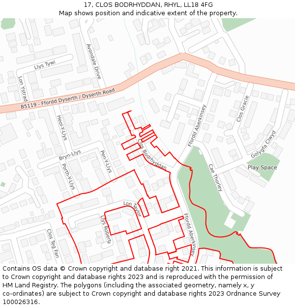 17, CLOS BODRHYDDAN, RHYL, LL18 4FG: Location map and indicative extent of plot