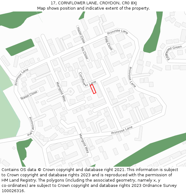 17, CORNFLOWER LANE, CROYDON, CR0 8XJ: Location map and indicative extent of plot
