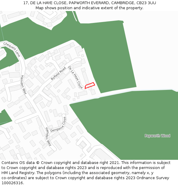 17, DE LA HAYE CLOSE, PAPWORTH EVERARD, CAMBRIDGE, CB23 3UU: Location map and indicative extent of plot
