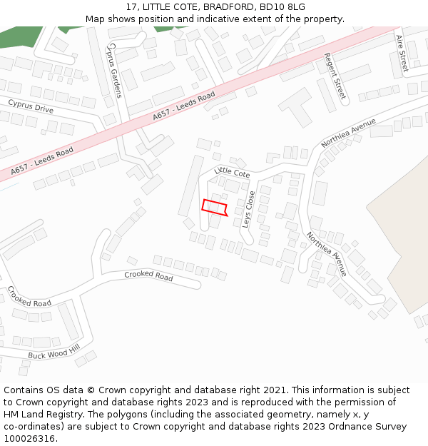 17, LITTLE COTE, BRADFORD, BD10 8LG: Location map and indicative extent of plot