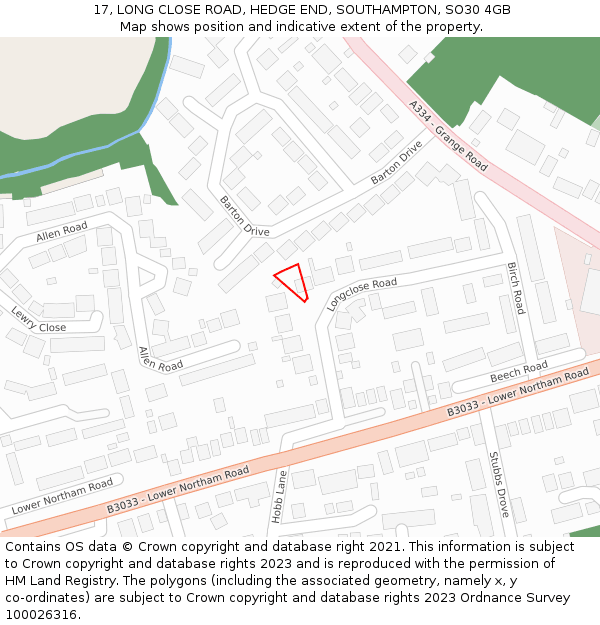 17, LONG CLOSE ROAD, HEDGE END, SOUTHAMPTON, SO30 4GB: Location map and indicative extent of plot