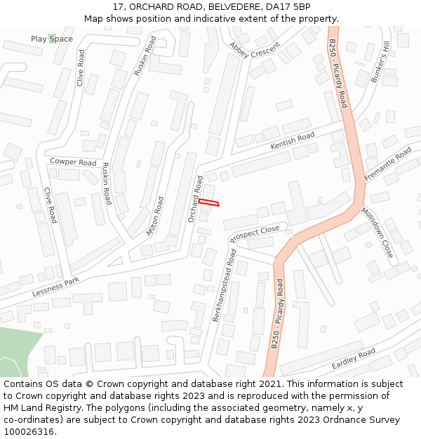17, ORCHARD ROAD, BELVEDERE, DA17 5BP: Location map and indicative extent of plot