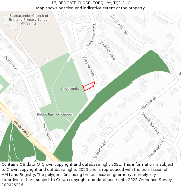 17, REDGATE CLOSE, TORQUAY, TQ1 3UG: Location map and indicative extent of plot