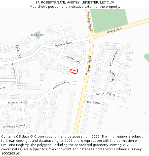 17, ROBERTS GATE, ANSTEY, LEICESTER, LE7 7UW: Location map and indicative extent of plot