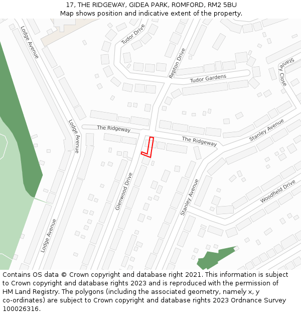 17, THE RIDGEWAY, GIDEA PARK, ROMFORD, RM2 5BU: Location map and indicative extent of plot
