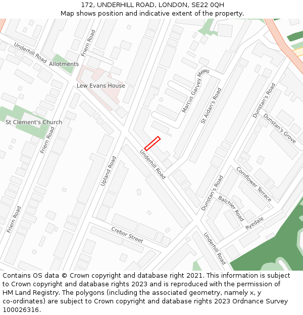 172, UNDERHILL ROAD, LONDON, SE22 0QH: Location map and indicative extent of plot