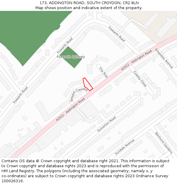 173, ADDINGTON ROAD, SOUTH CROYDON, CR2 8LN: Location map and indicative extent of plot