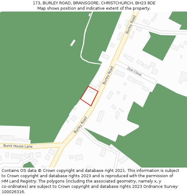 173, BURLEY ROAD, BRANSGORE, CHRISTCHURCH, BH23 8DE: Location map and indicative extent of plot