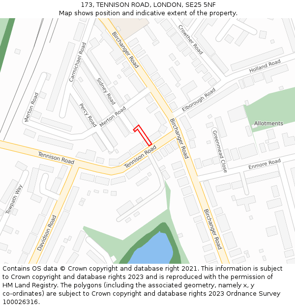 173, TENNISON ROAD, LONDON, SE25 5NF: Location map and indicative extent of plot