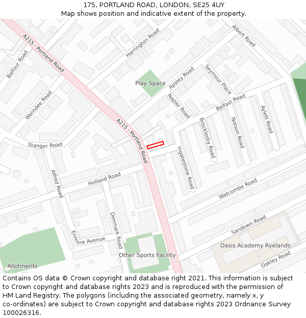 175, PORTLAND ROAD, LONDON, SE25 4UY: Location map and indicative extent of plot
