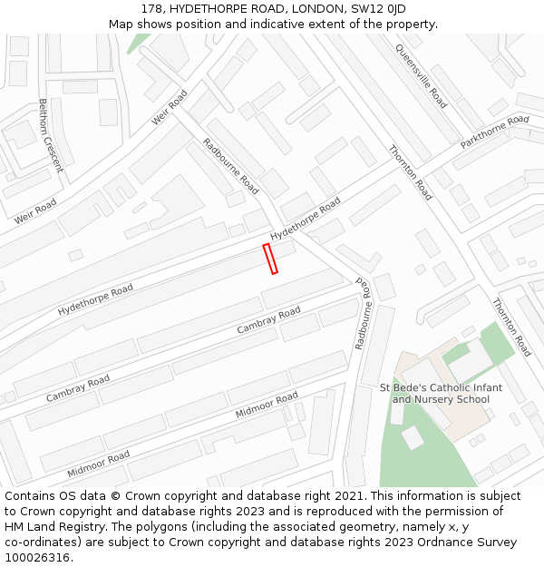 178, HYDETHORPE ROAD, LONDON, SW12 0JD: Location map and indicative extent of plot