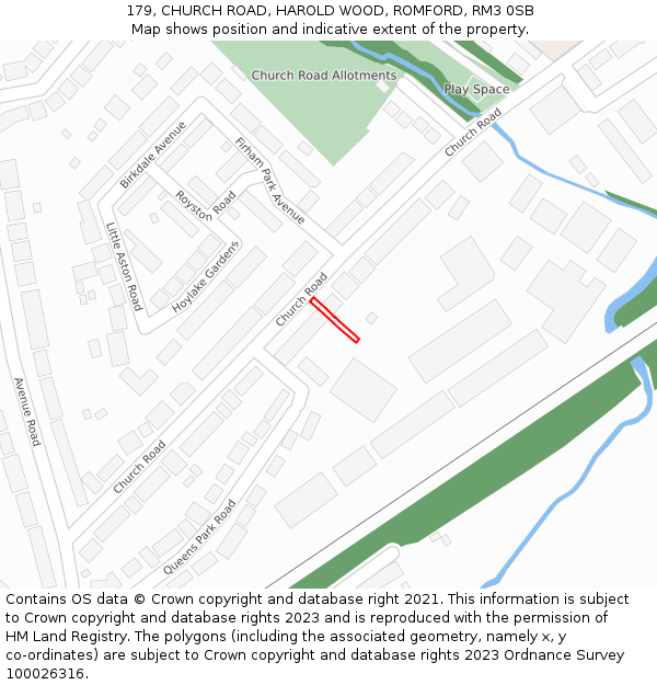 179, CHURCH ROAD, HAROLD WOOD, ROMFORD, RM3 0SB: Location map and indicative extent of plot