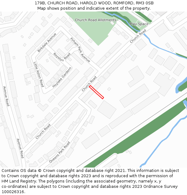 179B, CHURCH ROAD, HAROLD WOOD, ROMFORD, RM3 0SB: Location map and indicative extent of plot