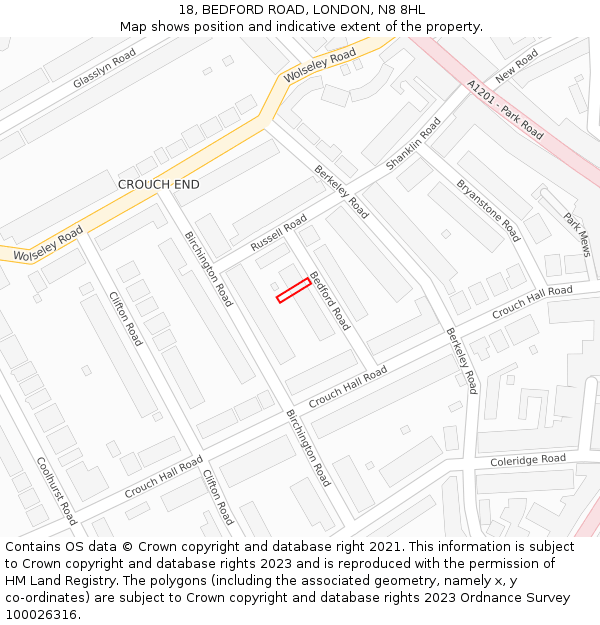 18, BEDFORD ROAD, LONDON, N8 8HL: Location map and indicative extent of plot