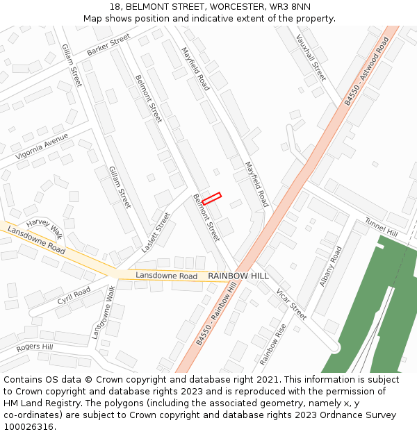 18, BELMONT STREET, WORCESTER, WR3 8NN: Location map and indicative extent of plot