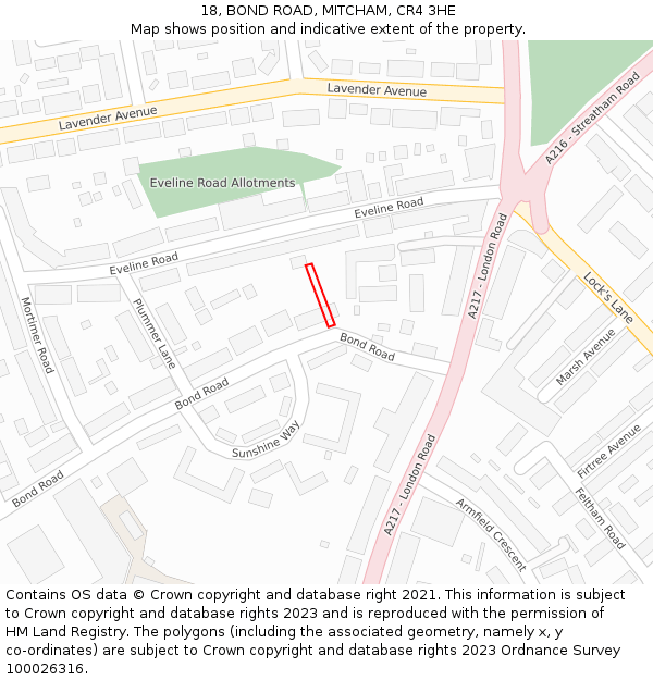 18, BOND ROAD, MITCHAM, CR4 3HE: Location map and indicative extent of plot