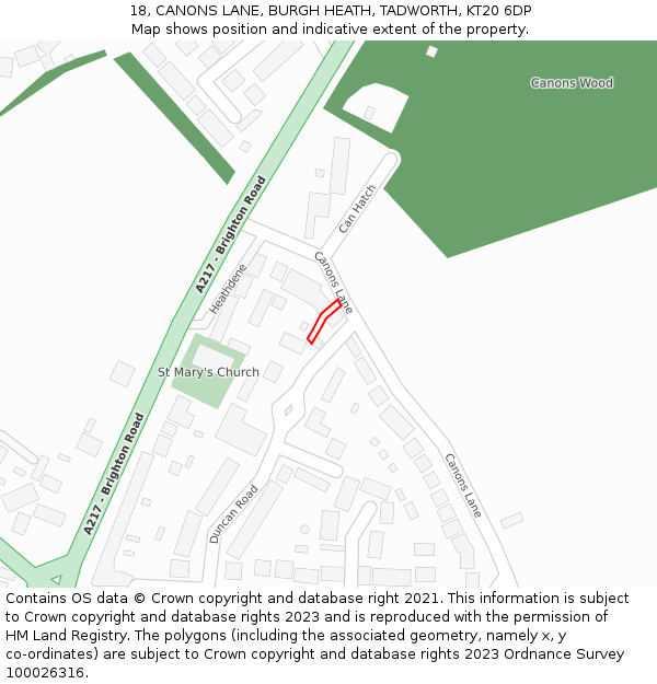 18, CANONS LANE, BURGH HEATH, TADWORTH, KT20 6DP: Location map and indicative extent of plot
