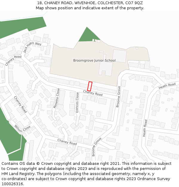 18, CHANEY ROAD, WIVENHOE, COLCHESTER, CO7 9QZ: Location map and indicative extent of plot