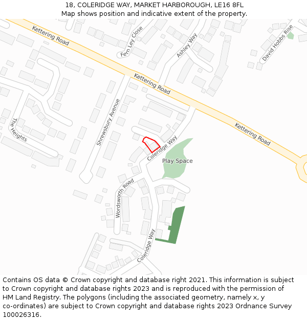 18, COLERIDGE WAY, MARKET HARBOROUGH, LE16 8FL: Location map and indicative extent of plot