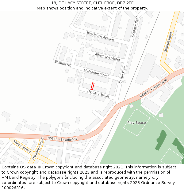 18, DE LACY STREET, CLITHEROE, BB7 2EE: Location map and indicative extent of plot