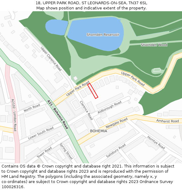18, UPPER PARK ROAD, ST LEONARDS-ON-SEA, TN37 6SL: Location map and indicative extent of plot