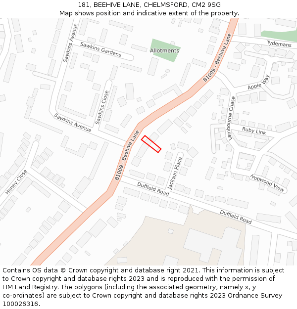 181, BEEHIVE LANE, CHELMSFORD, CM2 9SG: Location map and indicative extent of plot