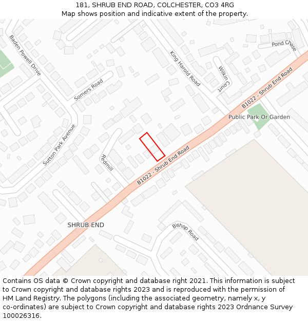 181, SHRUB END ROAD, COLCHESTER, CO3 4RG: Location map and indicative extent of plot