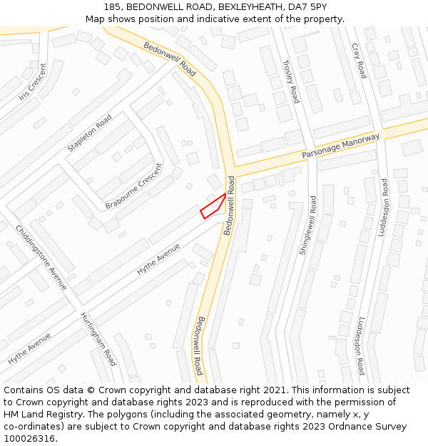 185, BEDONWELL ROAD, BEXLEYHEATH, DA7 5PY: Location map and indicative extent of plot