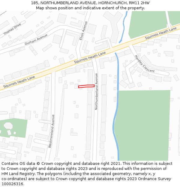 185, NORTHUMBERLAND AVENUE, HORNCHURCH, RM11 2HW: Location map and indicative extent of plot