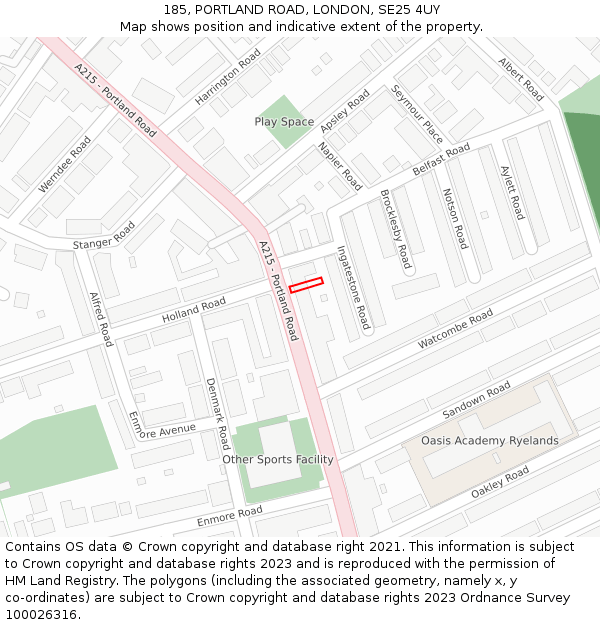 185, PORTLAND ROAD, LONDON, SE25 4UY: Location map and indicative extent of plot