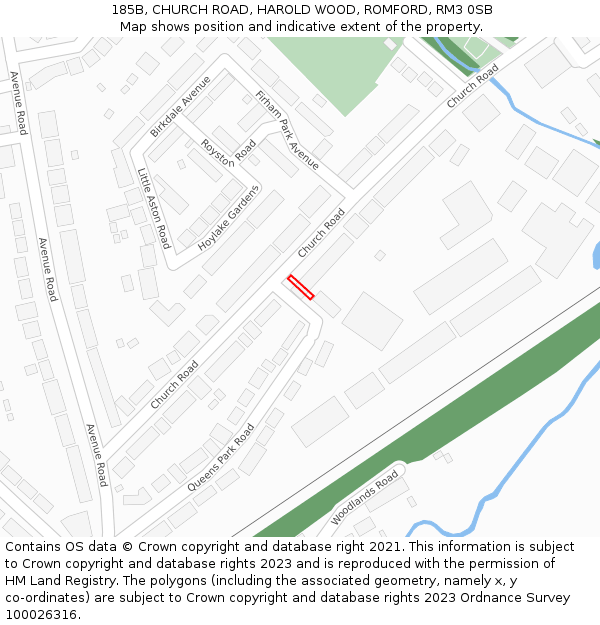 185B, CHURCH ROAD, HAROLD WOOD, ROMFORD, RM3 0SB: Location map and indicative extent of plot