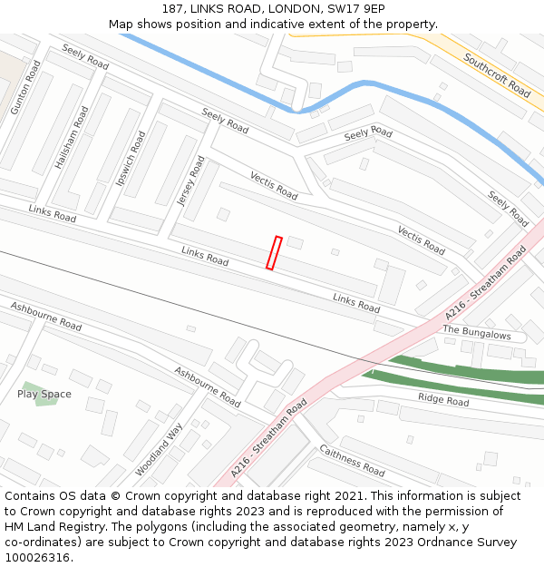 187, LINKS ROAD, LONDON, SW17 9EP: Location map and indicative extent of plot