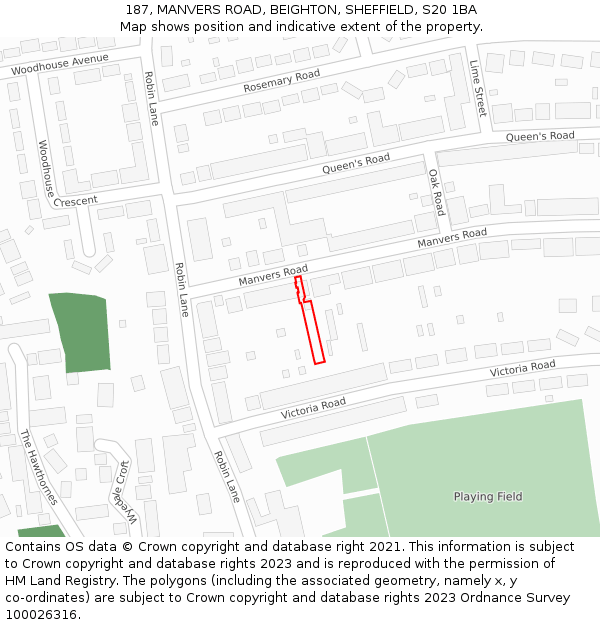 187, MANVERS ROAD, BEIGHTON, SHEFFIELD, S20 1BA: Location map and indicative extent of plot