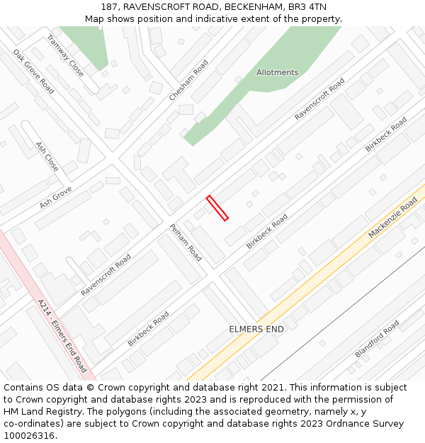 187, RAVENSCROFT ROAD, BECKENHAM, BR3 4TN: Location map and indicative extent of plot