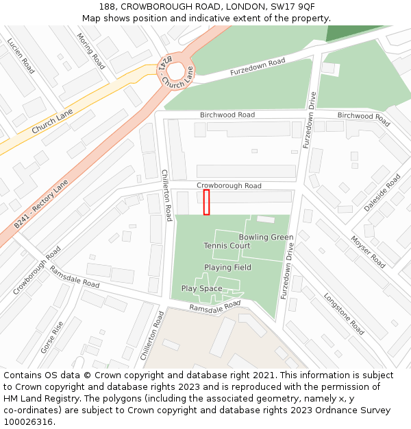 188, CROWBOROUGH ROAD, LONDON, SW17 9QF: Location map and indicative extent of plot