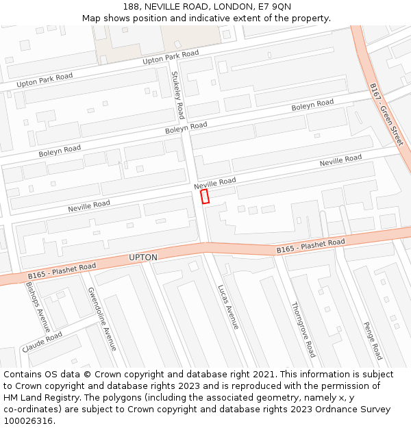 188, NEVILLE ROAD, LONDON, E7 9QN: Location map and indicative extent of plot