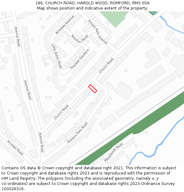 189, CHURCH ROAD, HAROLD WOOD, ROMFORD, RM3 0SA: Location map and indicative extent of plot