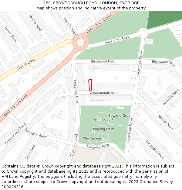 189, CROWBOROUGH ROAD, LONDON, SW17 9QE: Location map and indicative extent of plot