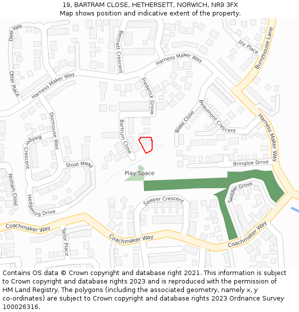 19, BARTRAM CLOSE, HETHERSETT, NORWICH, NR9 3FX: Location map and indicative extent of plot