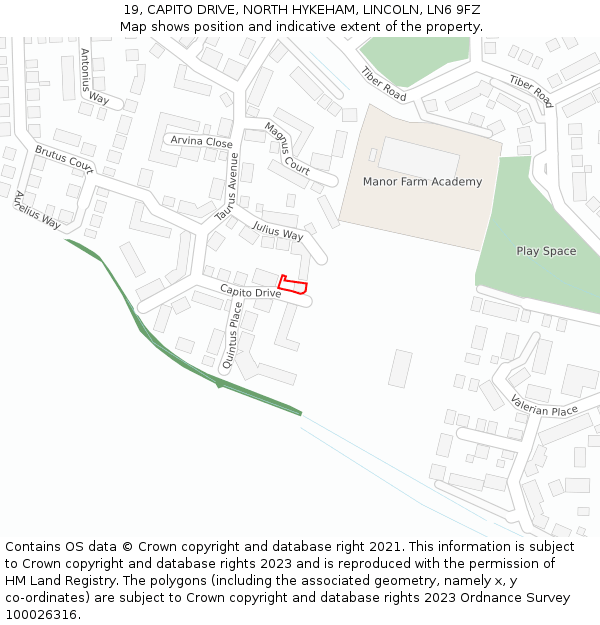 19, CAPITO DRIVE, NORTH HYKEHAM, LINCOLN, LN6 9FZ: Location map and indicative extent of plot