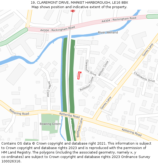 19, CLAREMONT DRIVE, MARKET HARBOROUGH, LE16 8BX: Location map and indicative extent of plot