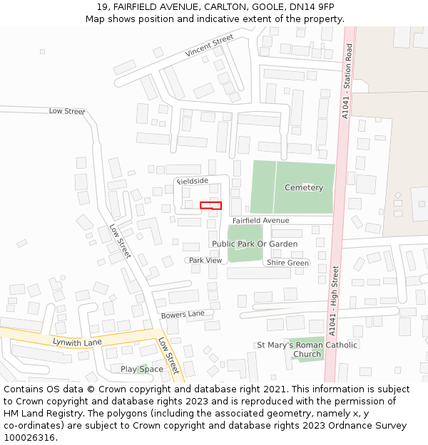 19, FAIRFIELD AVENUE, CARLTON, GOOLE, DN14 9FP: Location map and indicative extent of plot