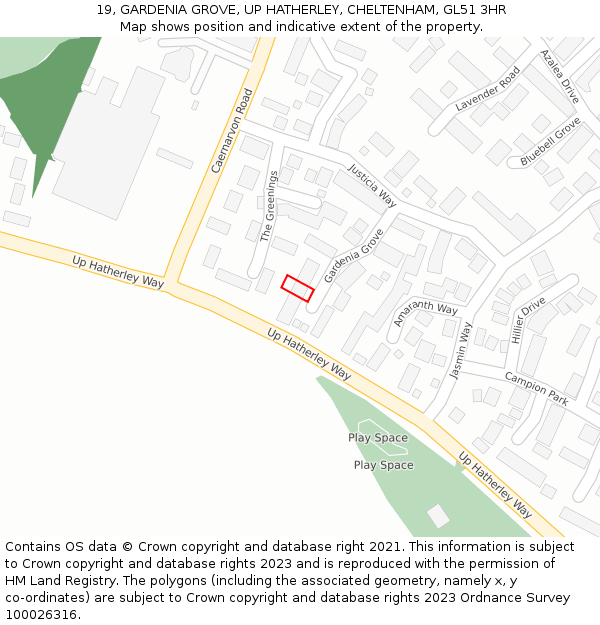 19, GARDENIA GROVE, UP HATHERLEY, CHELTENHAM, GL51 3HR: Location map and indicative extent of plot