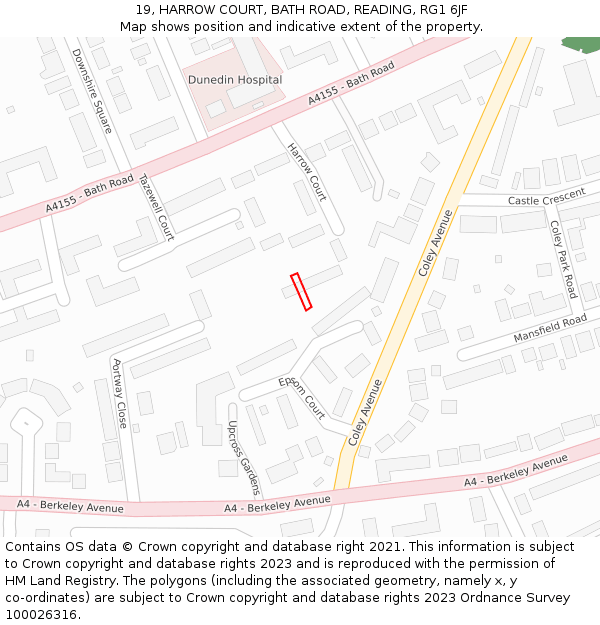 19, HARROW COURT, BATH ROAD, READING, RG1 6JF: Location map and indicative extent of plot