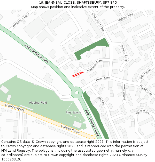 19, JEANNEAU CLOSE, SHAFTESBURY, SP7 8PQ: Location map and indicative extent of plot