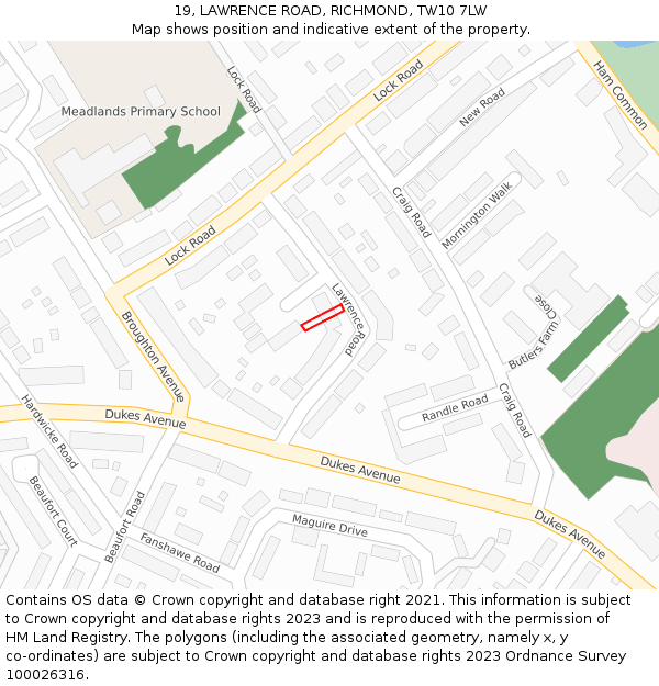 19, LAWRENCE ROAD, RICHMOND, TW10 7LW: Location map and indicative extent of plot