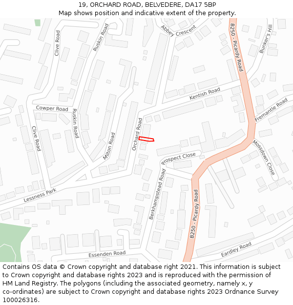 19, ORCHARD ROAD, BELVEDERE, DA17 5BP: Location map and indicative extent of plot