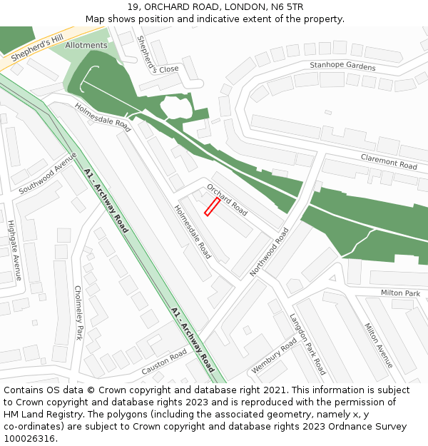 19, ORCHARD ROAD, LONDON, N6 5TR: Location map and indicative extent of plot