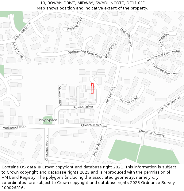 19, ROWAN DRIVE, MIDWAY, SWADLINCOTE, DE11 0FF: Location map and indicative extent of plot